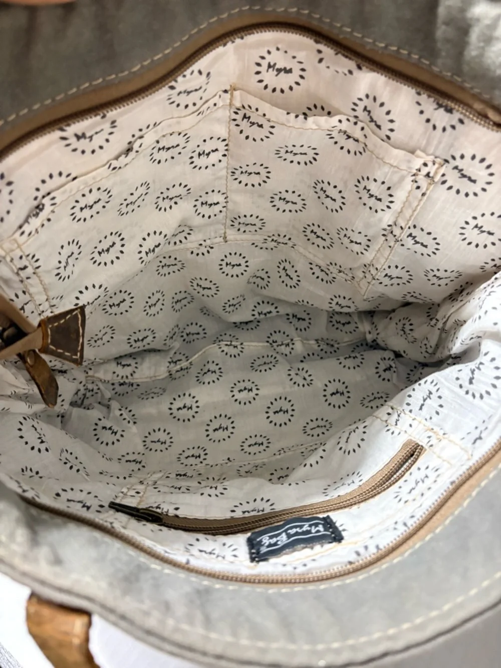 Myra Upcycled Chevron Striped Blue, Beige Gray Woven‎ Tote w Brown Leather Trim